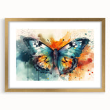Framed wall art featuring a detailed butterfly design with insect and arachnid motifs, set in a golden frame with a mat, showcasing vibrant colors and intricate patterns.