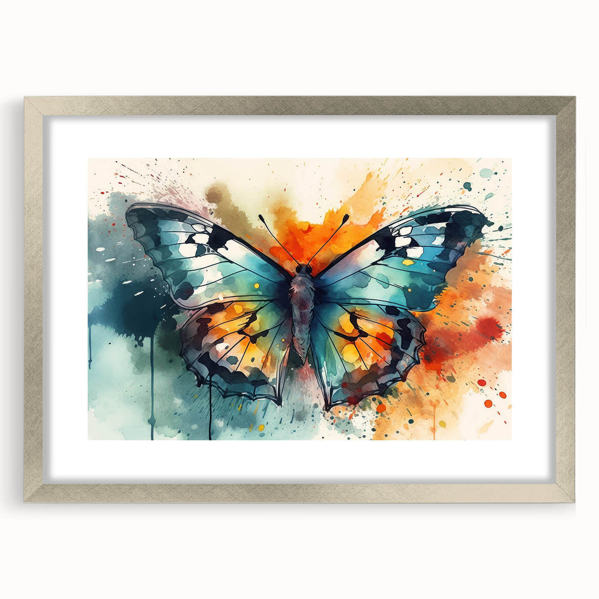 Framed wall art showcasing a butterfly design from the Insect and Arachnid collection, featuring a silver frame and mat, perfect for nature-themed decor.