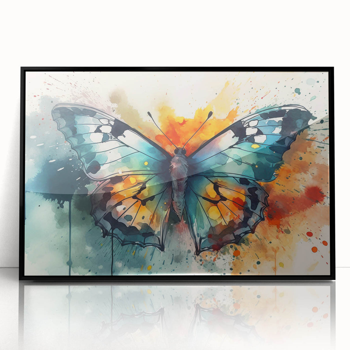 Framed acrylic wall art featuring a vibrant butterfly design, showcasing intricate details and a sleek black frame, perfect for adding a touch of nature-inspired decor to any room.