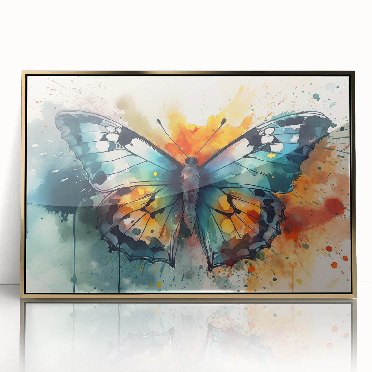 Framed wall art showcasing a vibrant butterfly design, featuring intricate insect and arachnid illustrations in gold-accented acrylic, perfect for nature lovers and modern decor.