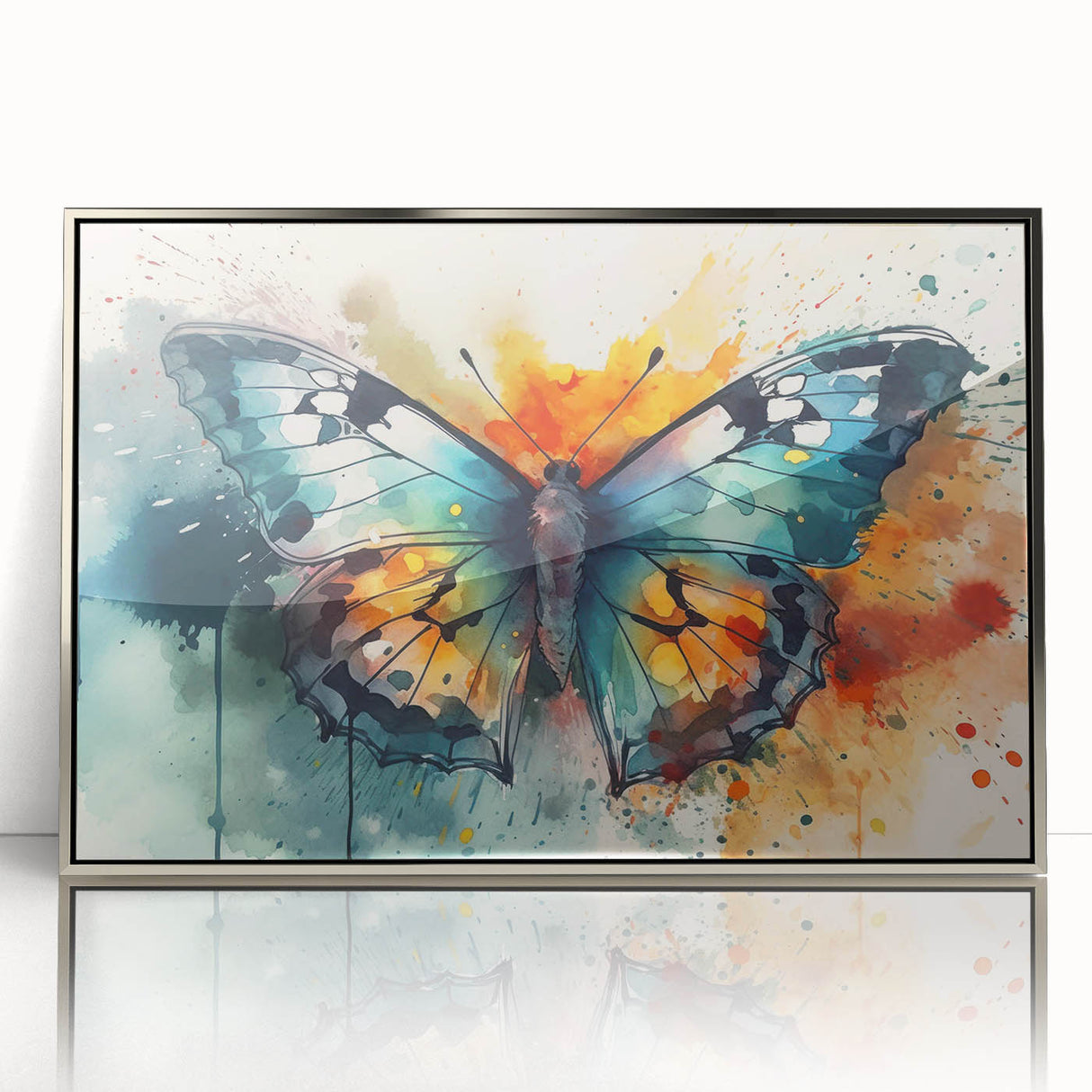 Framed wall art featuring a butterfly and arachnid design, elegantly displayed in a silver frame with an acrylic front, perfect for nature-inspired decor.