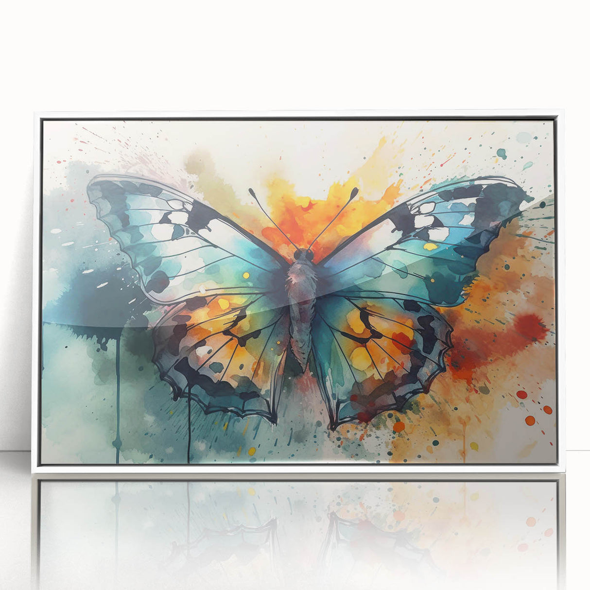 Framed wall art featuring a vibrant butterfly design in a white frame, showcasing intricate details of insects and arachnids, perfect for nature-themed decor.