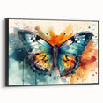 Framed canvas wall art featuring a vibrant butterfly design, showcasing intricate details and rich colors, set against a sleek black frame, perfect for modern decor.