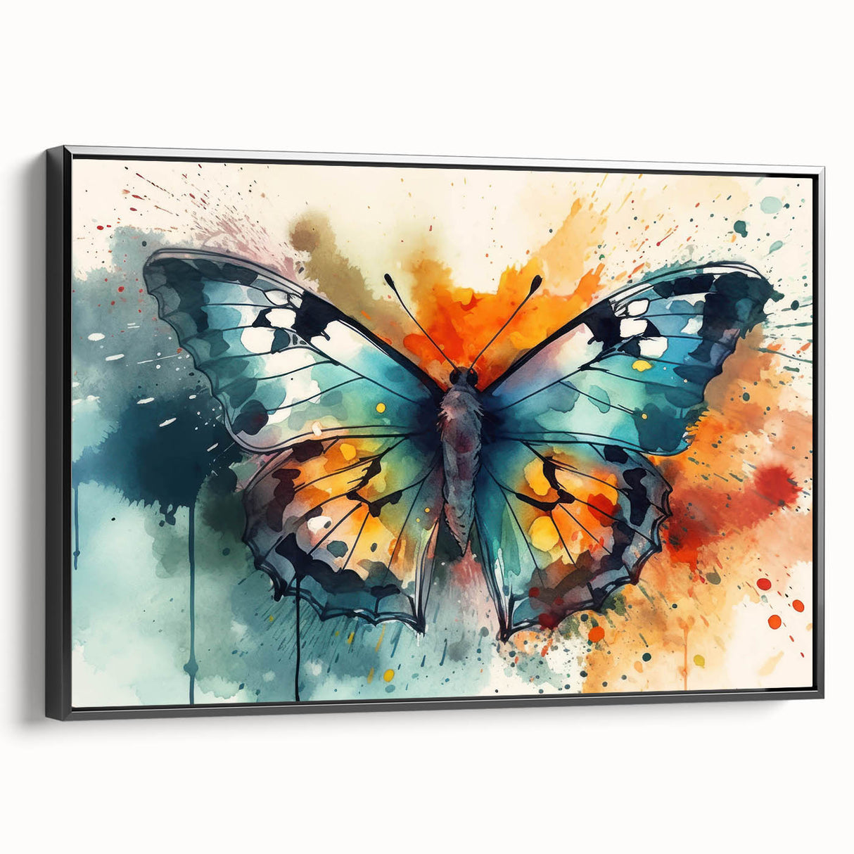 Framed canvas wall art featuring a vibrant butterfly design, showcasing intricate details and rich colors, set against a sleek black frame, perfect for modern decor.