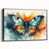 Framed canvas wall art featuring a vibrant butterfly design, showcasing intricate details and rich colors, set against a sleek black frame, perfect for modern decor.
