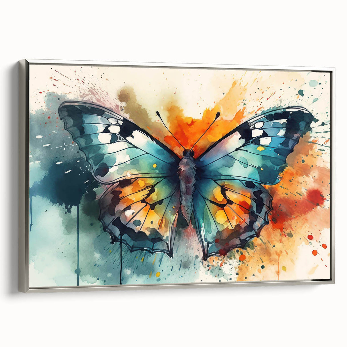 Framed wall art featuring a vibrant butterfly design, showcasing intricate details and bold colors, set against a sleek silver frame for a modern touch. Perfect for adding elegance to any interior decor.