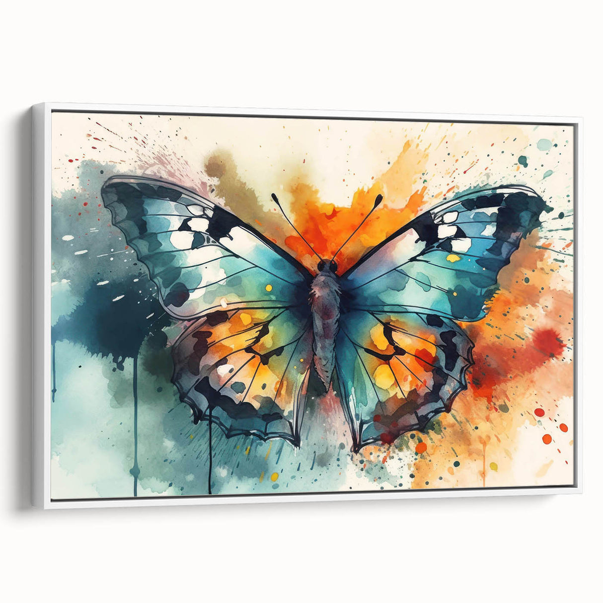Framed wall art showcasing a vibrant butterfly and arachnid design on canvas, set against a white backdrop, perfect for adding a touch of nature-inspired decor to any room.