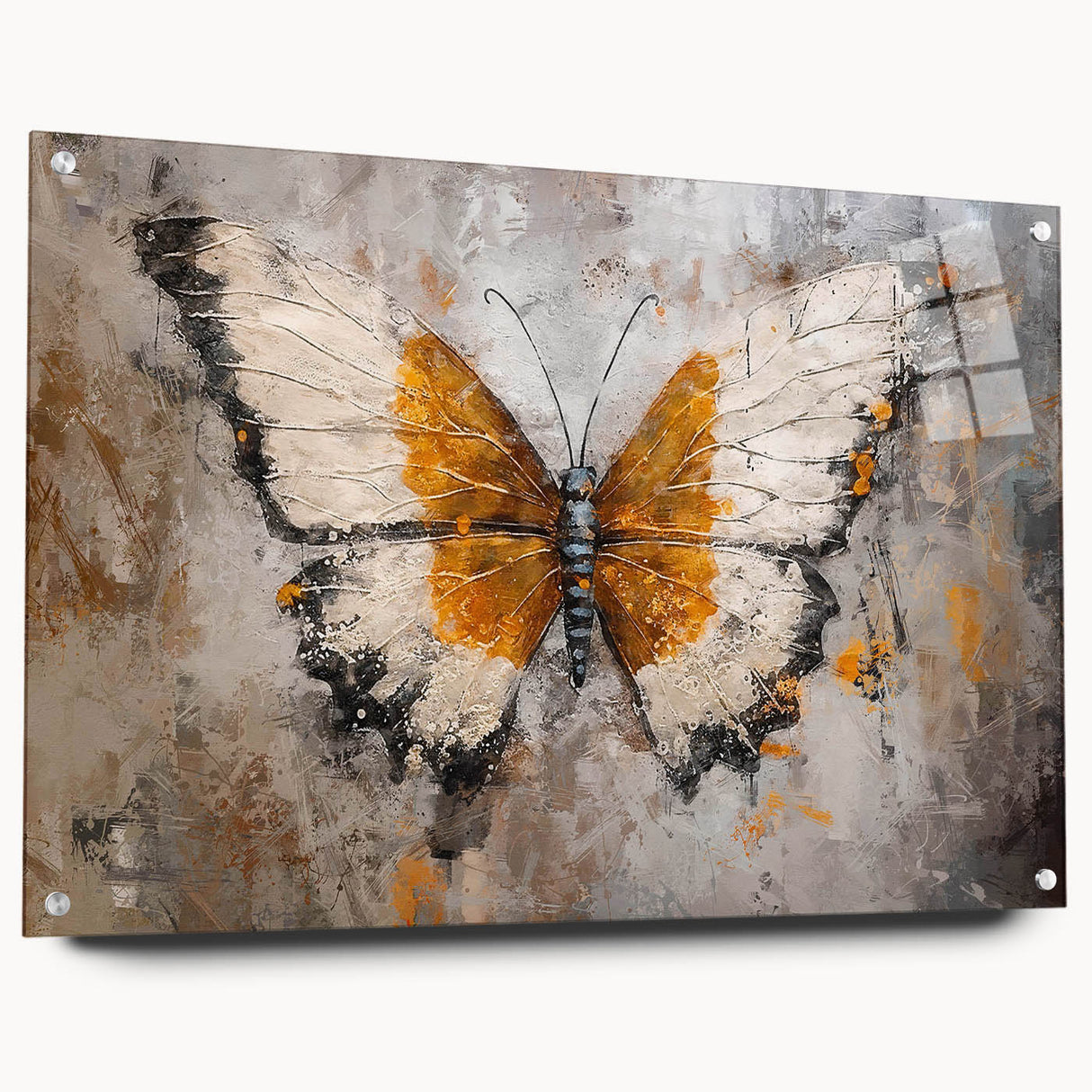 Colorful butterfly design showcased in a side view, featuring acrylic glass wall art with pins, perfect for nature-inspired decor in modern spaces.
