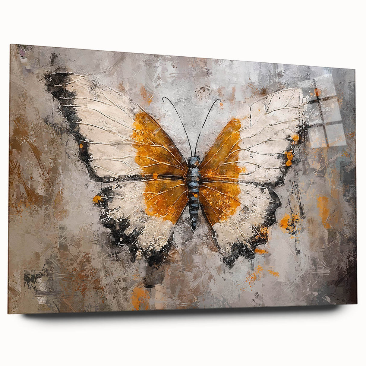 Acrylic glass wall art featuring a vibrant butterfly design from the Insect and Arachnid collection, showcasing intricate details and vivid colors in a side view display. Perfect for nature-themed decor or educational purposes, this art piece adds a touch of elegance to any space.
