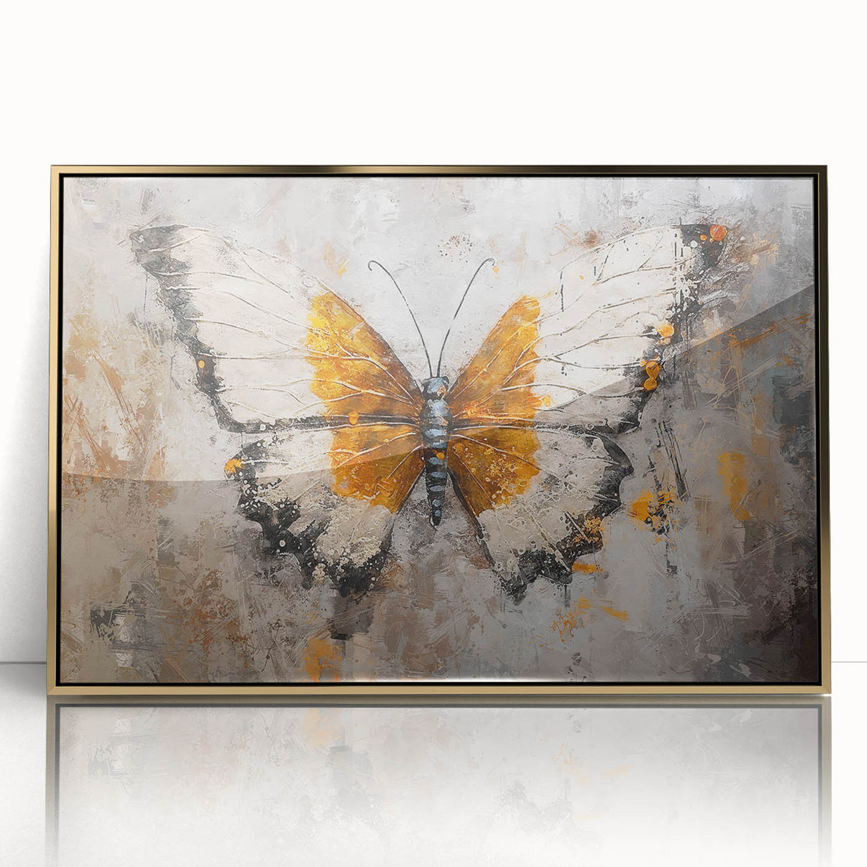 Framed wall art featuring a butterfly and arachnid design, showcasing intricate detail and vibrant colors, set in a gold frame, perfect for nature lovers' decor.