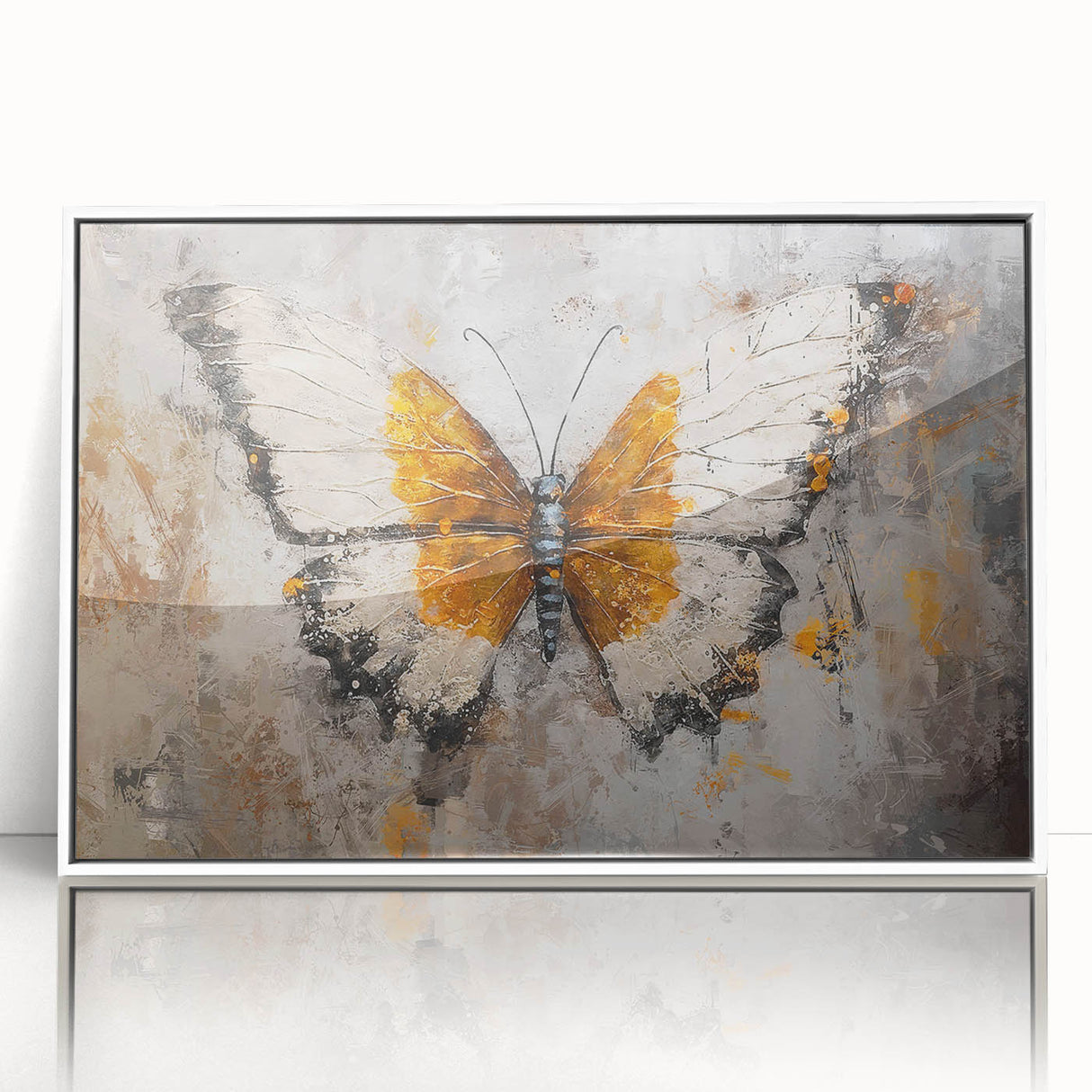 Framed acrylic wall art showcasing a vibrant butterfly design from the Insect and Arachnid collection, presented in a sleek white frame, ideal for modern decor.