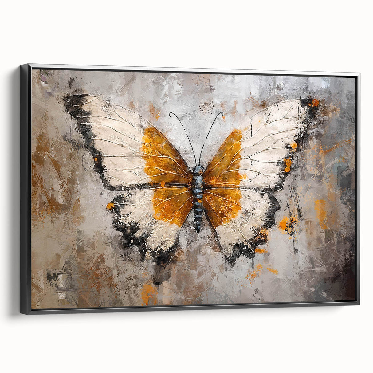 Framed wall art featuring a vibrant butterfly design from the Insect and Arachnid collection, showcased in a sleek black frame, perfect for modern decor.
