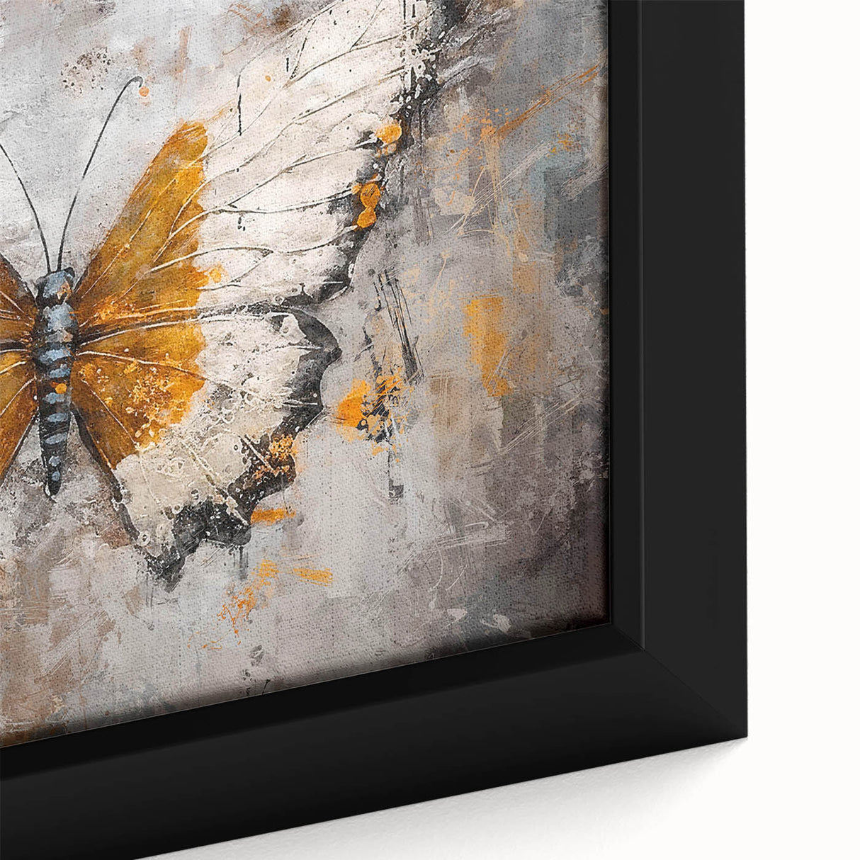 Close-up of a framed canvas wall art piece showcasing a vibrant butterfly design, with intricate details and rich colors, perfect for nature-themed decor.