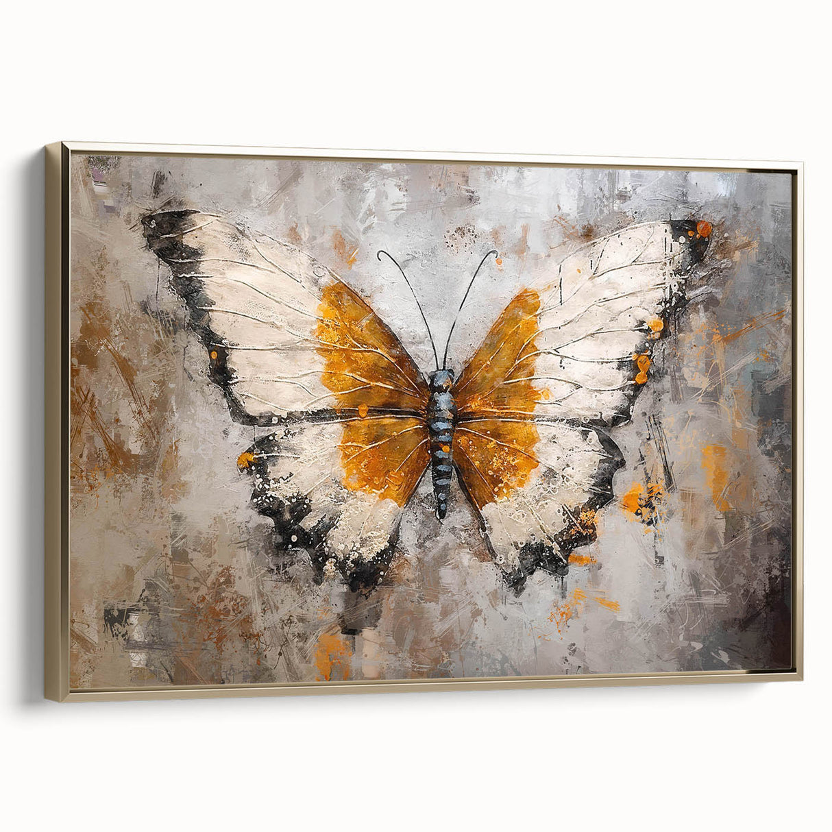 Framed wall art featuring a colorful butterfly design with intricate details, set against a gold background. Ideal for enhancing home decor with nature-inspired elegance.
