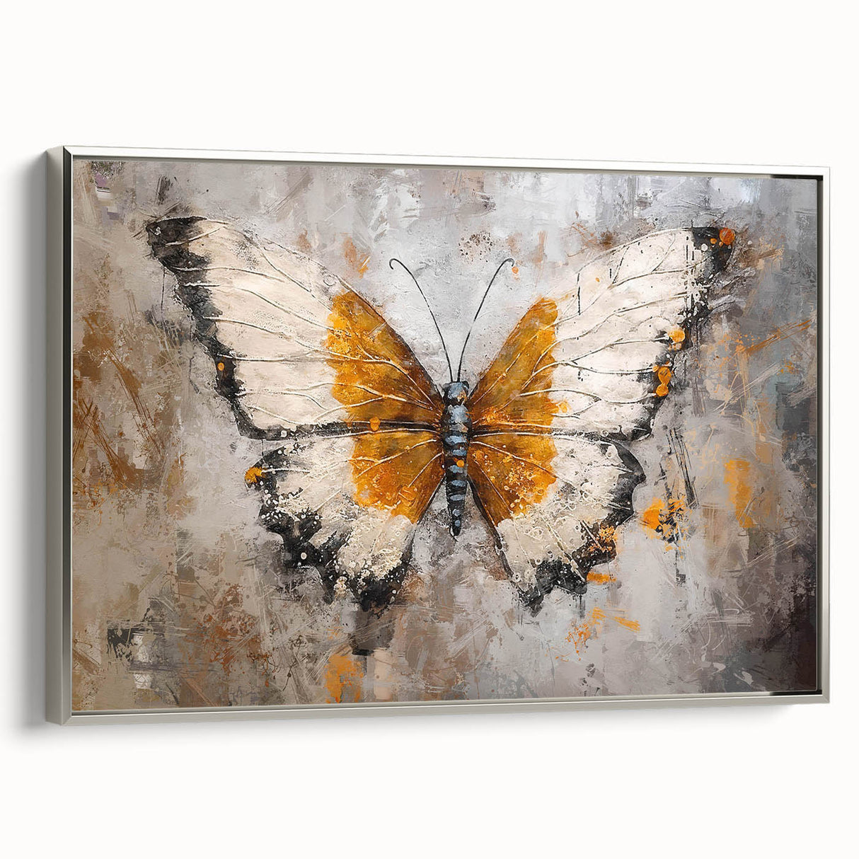 Framed canvas wall art displaying a detailed butterfly design from the Insect and Arachnid collection, featuring a sleek silver frame and vibrant colors, perfect for nature enthusiasts.