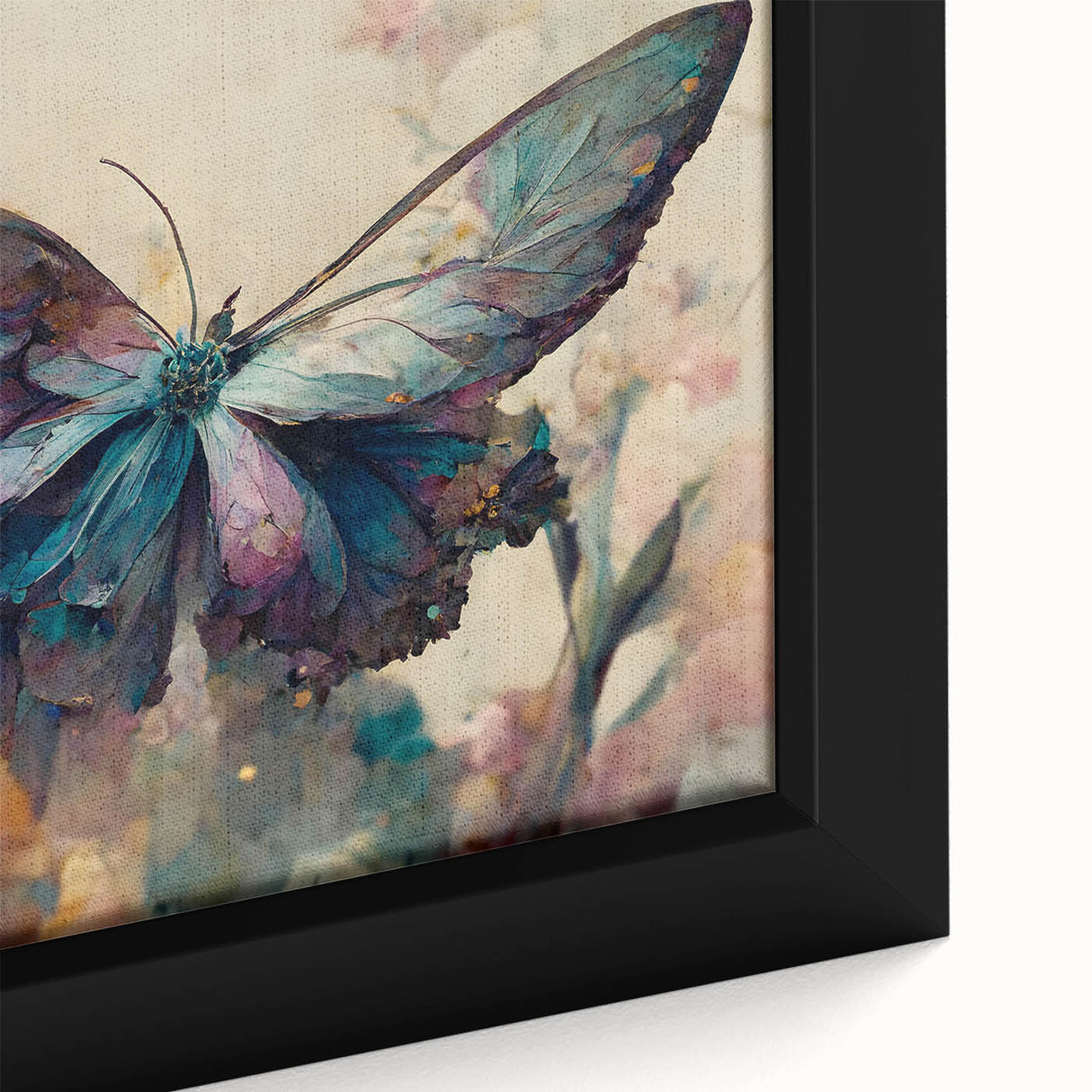 Vibrant close-up of a framed butterfly design wall art canvas, showcasing intricate insect and arachnid motifs with a colorful, artistic flair, perfect for home decor.