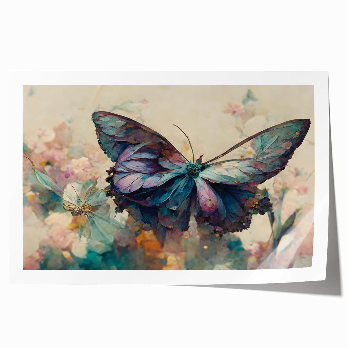 Colorful butterfly wall art print showcasing intricate insect and arachnid designs on a rolled canvas, perfect for home decor or educational display.