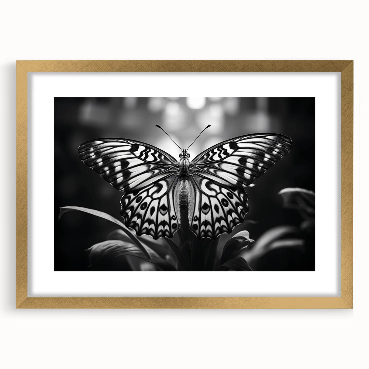 Framed wall art featuring a colorful butterfly design, elegantly matted and accented with a gold frame, ideal for adding a vibrant touch to home decor.
