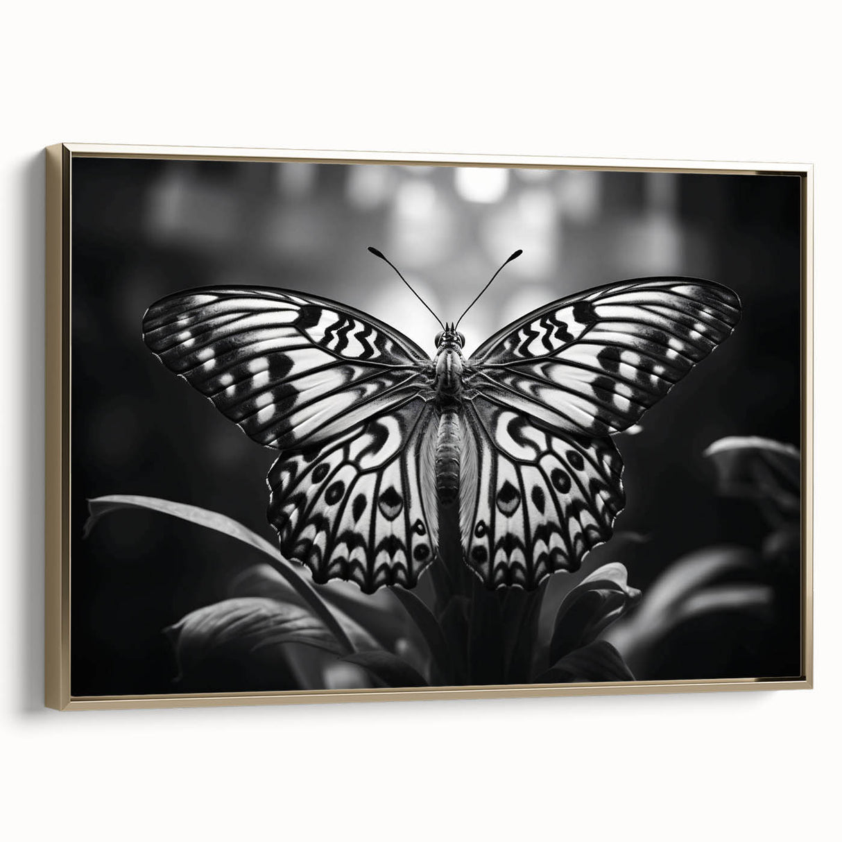 Framed wall art featuring a colorful butterfly design in a gold frame, showcasing intricate details and vibrant hues, ideal for enhancing modern decor.