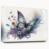 Colorful butterfly and arachnid wall art collection displayed in acrylic glass, showcasing intricate designs and vibrant colors, perfect for artistic home decor.