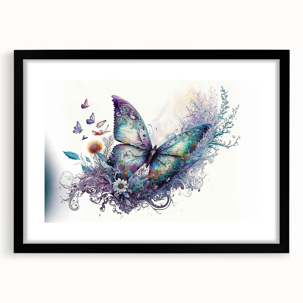 Black-framed wall art featuring a detailed butterfly design, part of an insect and arachnid collection, showcasing vibrant colors and intricate patterns, ideal for nature enthusiasts.