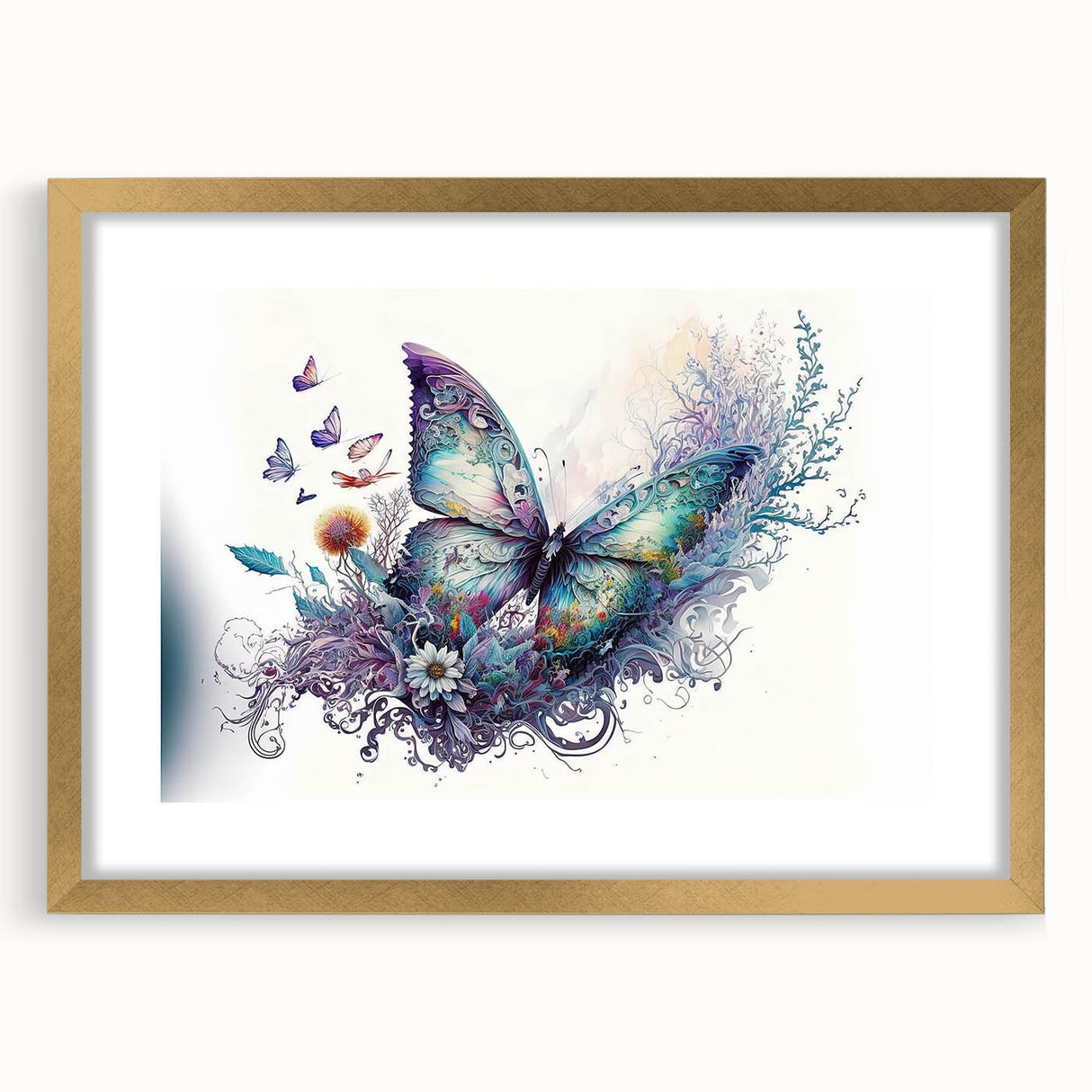 Gold-framed wall art collection featuring intricate butterfly and arachnid designs with a mat, perfect for enhancing modern home decor and nature-themed interiors.