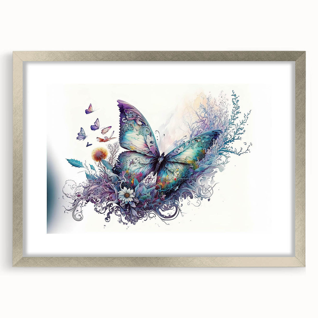 Framed wall art featuring a detailed butterfly design, showcasing vibrant colors and intricate patterns, set in a sleek silver frame with a mat, perfect for home decor.