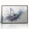 Framed wall art featuring an intricate butterfly design showcasing vibrant colors against a sleek black background, perfect for nature enthusiasts and modern decor.