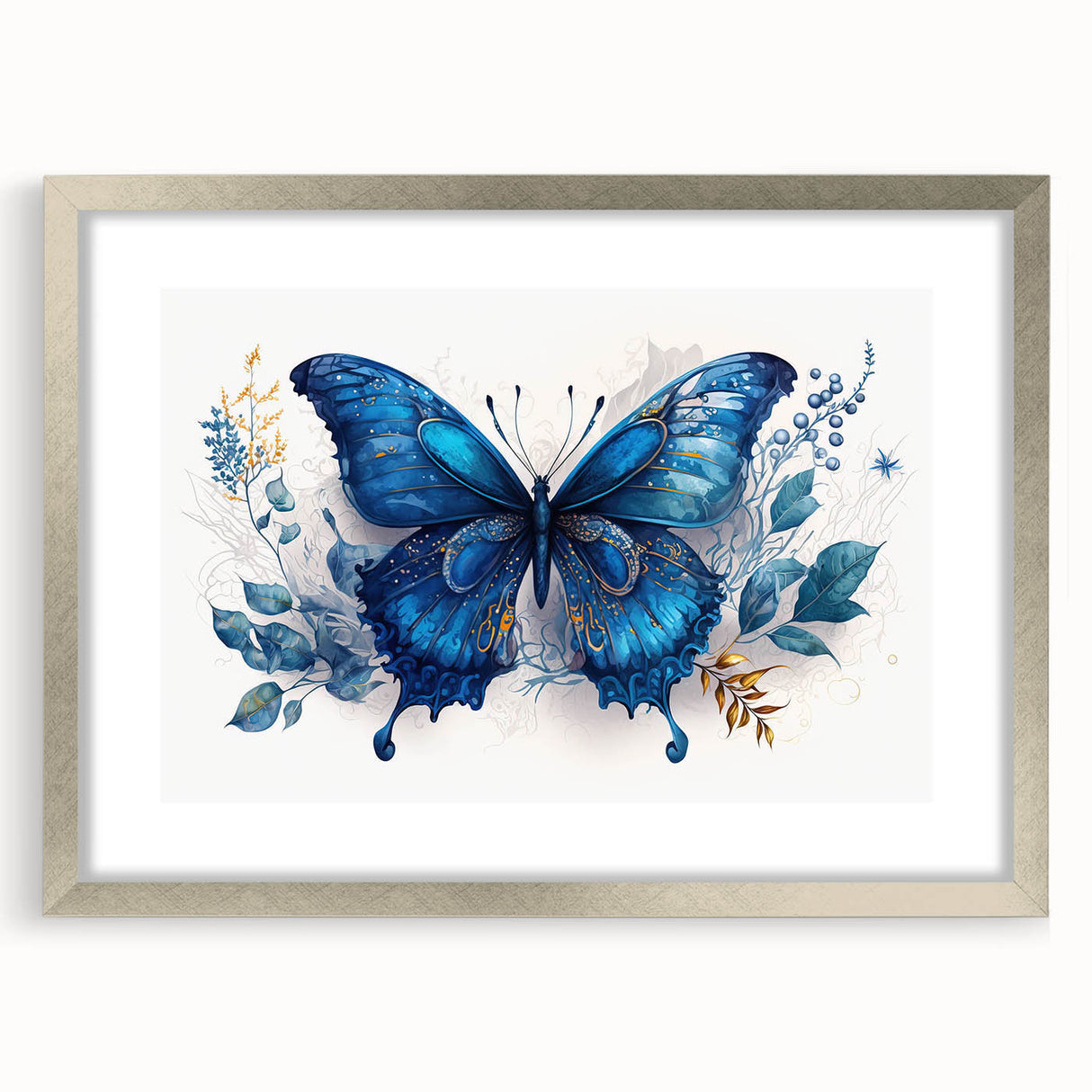 Framed wall art featuring an intricate butterfly and insect design in a silver frame with a mat. Perfect for nature enthusiasts and modern decor.