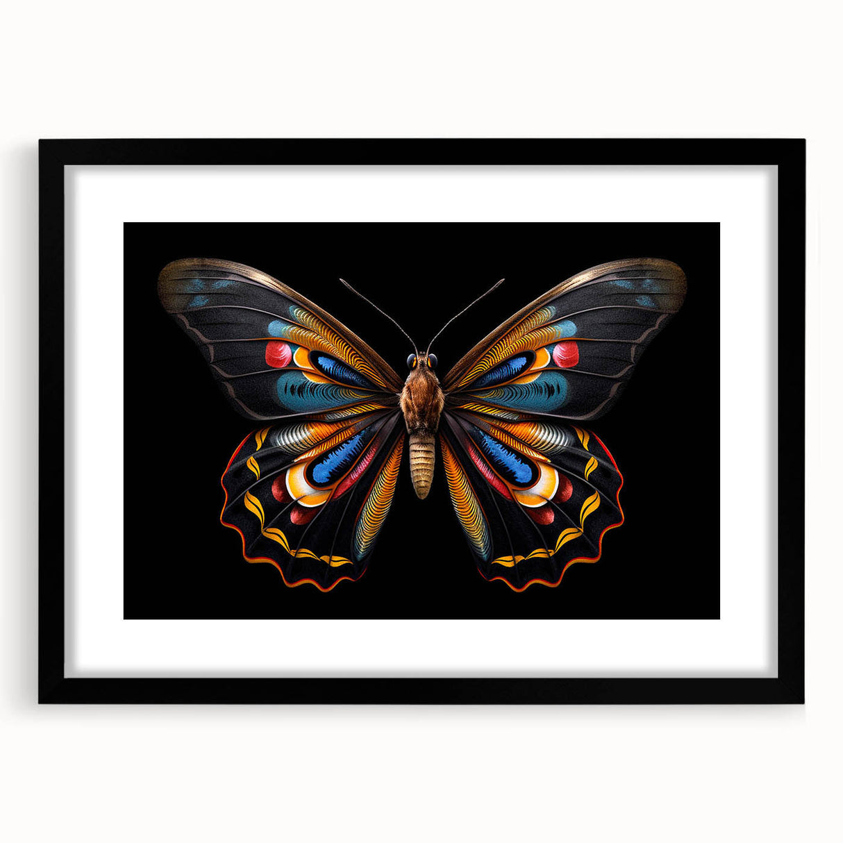 Framed wall art featuring a colorful butterfly design from the insect and arachnid collection, set in a sleek black frame with a mat, ideal for modern decor.