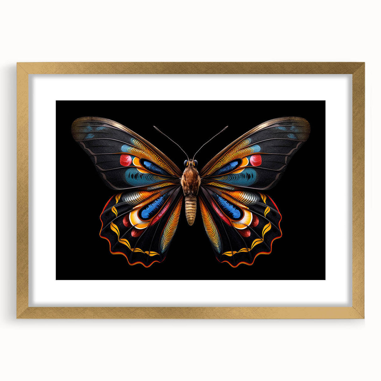 Framed wall art featuring a vibrant butterfly design from the Insect and Arachnid collection, elegantly matted in gold for a sophisticated touch, ideal for home decor.