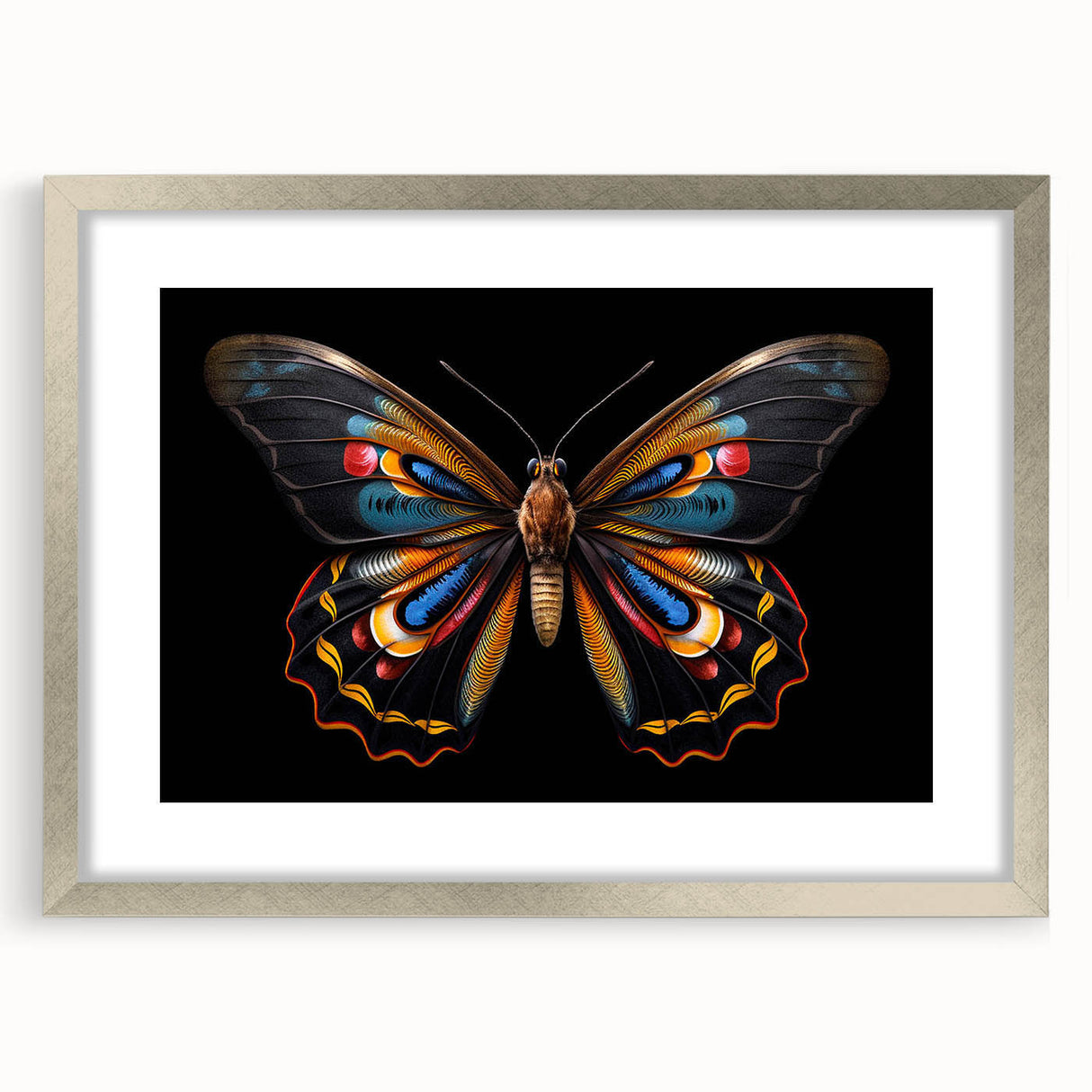 Framed wall art featuring a detailed butterfly design from the Insect and Arachnid collection, displayed in a silver frame with a white mat, enhancing any decor.