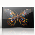 Framed wall art featuring a colorful butterfly and insect design on a black background. The artwork showcases intricate details, perfect for nature-themed decor.