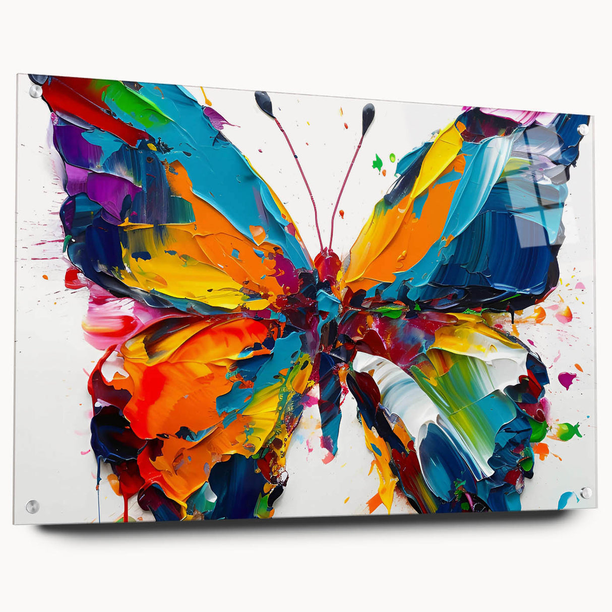 Vibrant acrylic wall art collection showcasing a butterfly design, featuring detailed insect and arachnid illustrations with chic pins for easy display. Perfect for nature enthusiasts seeking unique decor.