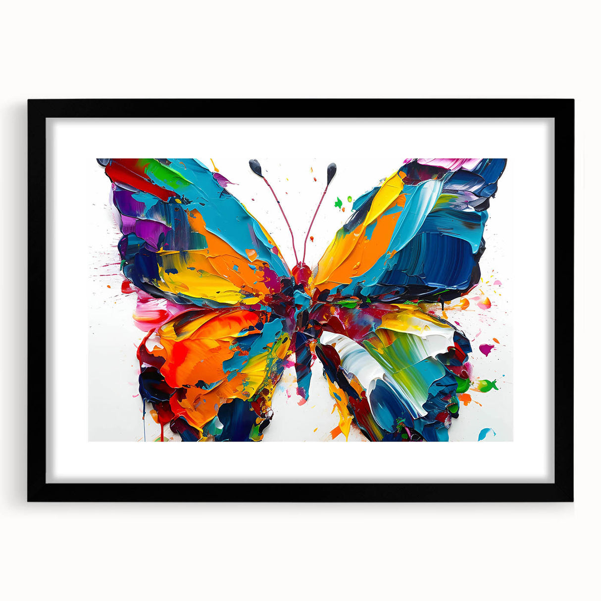 Framed wall art collection showcasing a colorful butterfly and insect design, featuring a black mat and sleek frame, perfect for nature-themed decor.