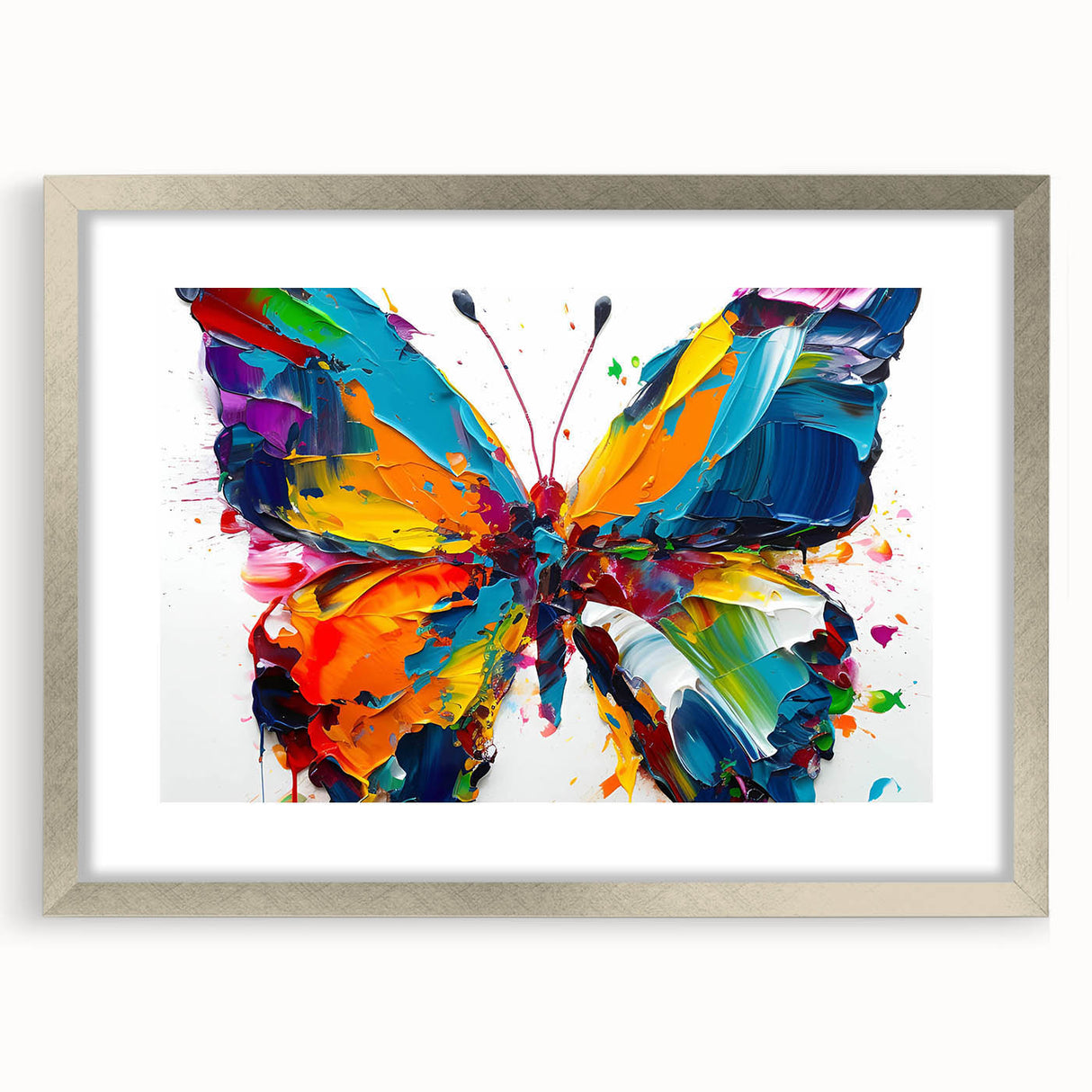 Framed wall art featuring a butterfly design from the Insect and Arachnid collection, showcasing vibrant colors and intricate details, set in a sleek silver frame with a decorative mat. Perfect for nature enthusiasts and modern decor.