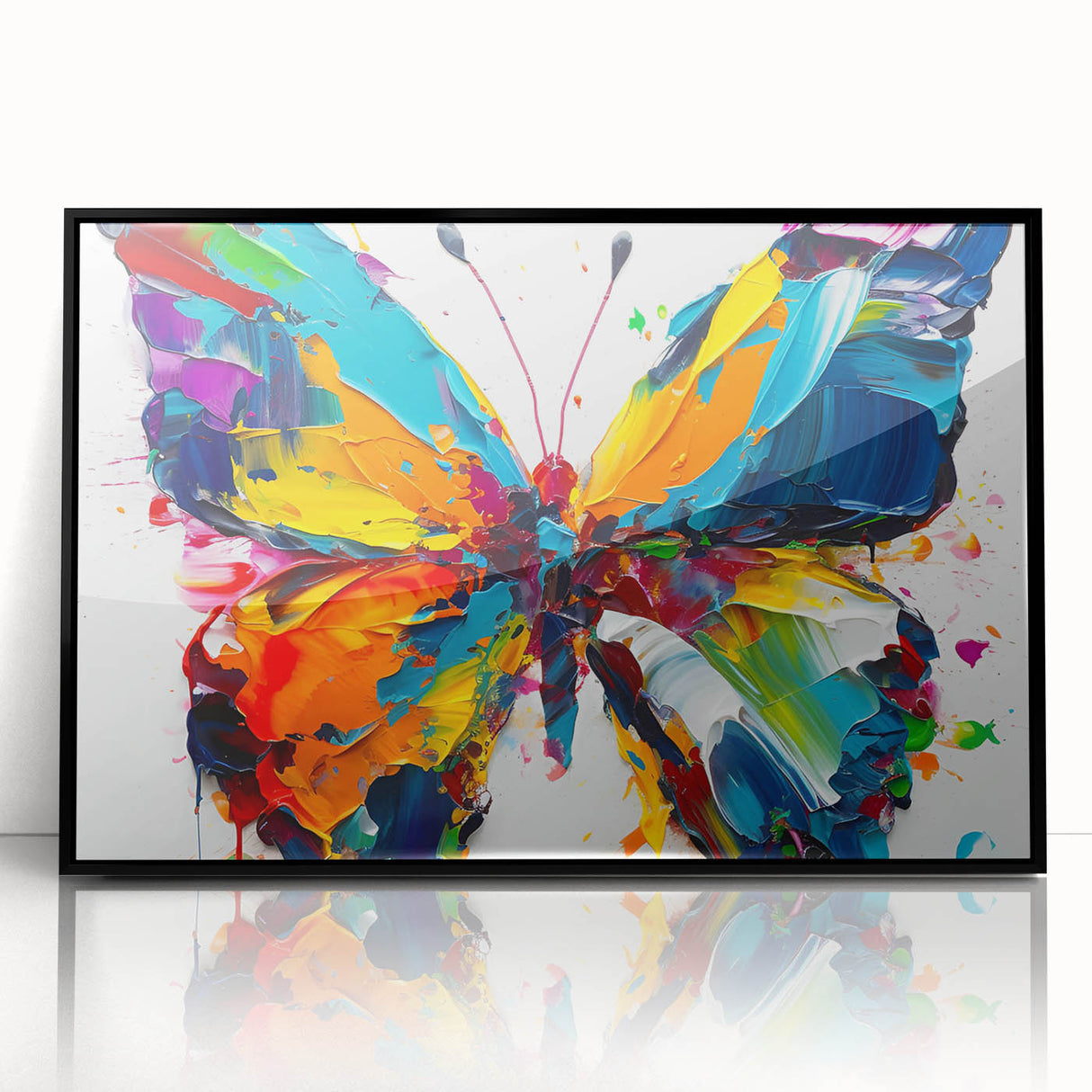 Framed wall art featuring an intricate butterfly design, showcasing vibrant colors against a sleek black background, perfect for nature-inspired decor.