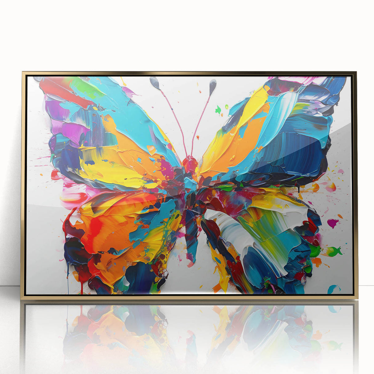 Framed acrylic wall art showcasing a colorful butterfly design from the Insect and Arachnid collection, featuring a sleek gold frame that enhances its vibrant details.