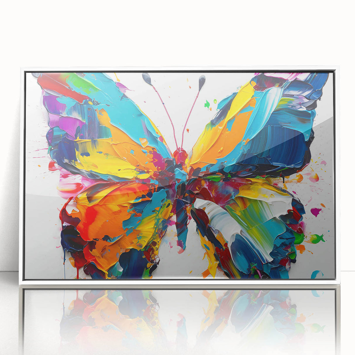 Framed acrylic wall art showcasing a vibrant butterfly design from the insect and arachnid collection, featuring a white frame and elegant front view display, perfect for nature-inspired decor.