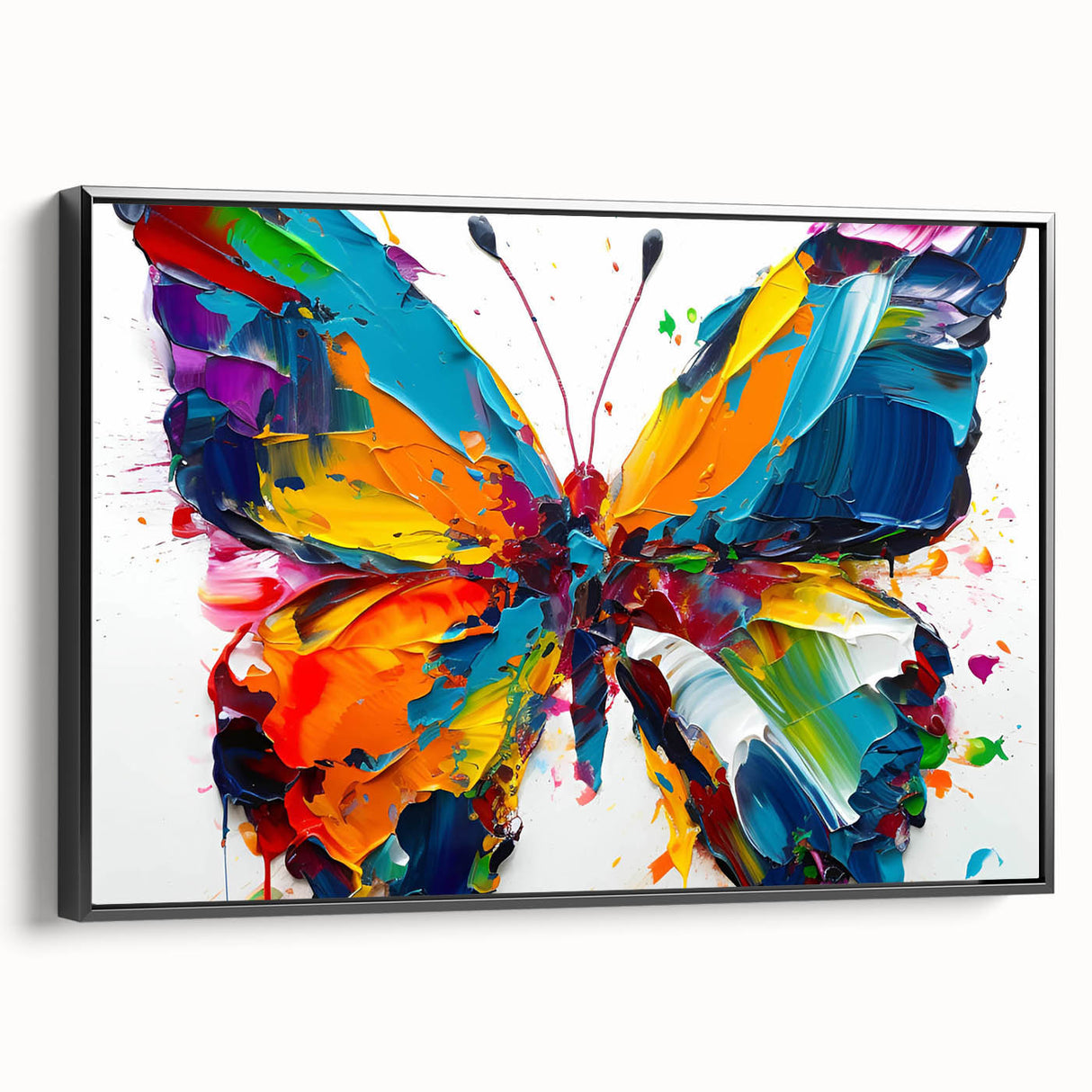 Framed wall art featuring a colorful butterfly design from the Insect and Arachnid collection, showcased in a sleek black frame, perfect for home decor.