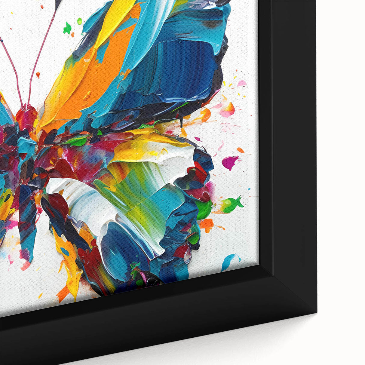 Close-up of a framed canvas wall art featuring a vibrant butterfly design, showcasing intricate insect and arachnid details against a colorful background, ideal for nature lovers' home decor.