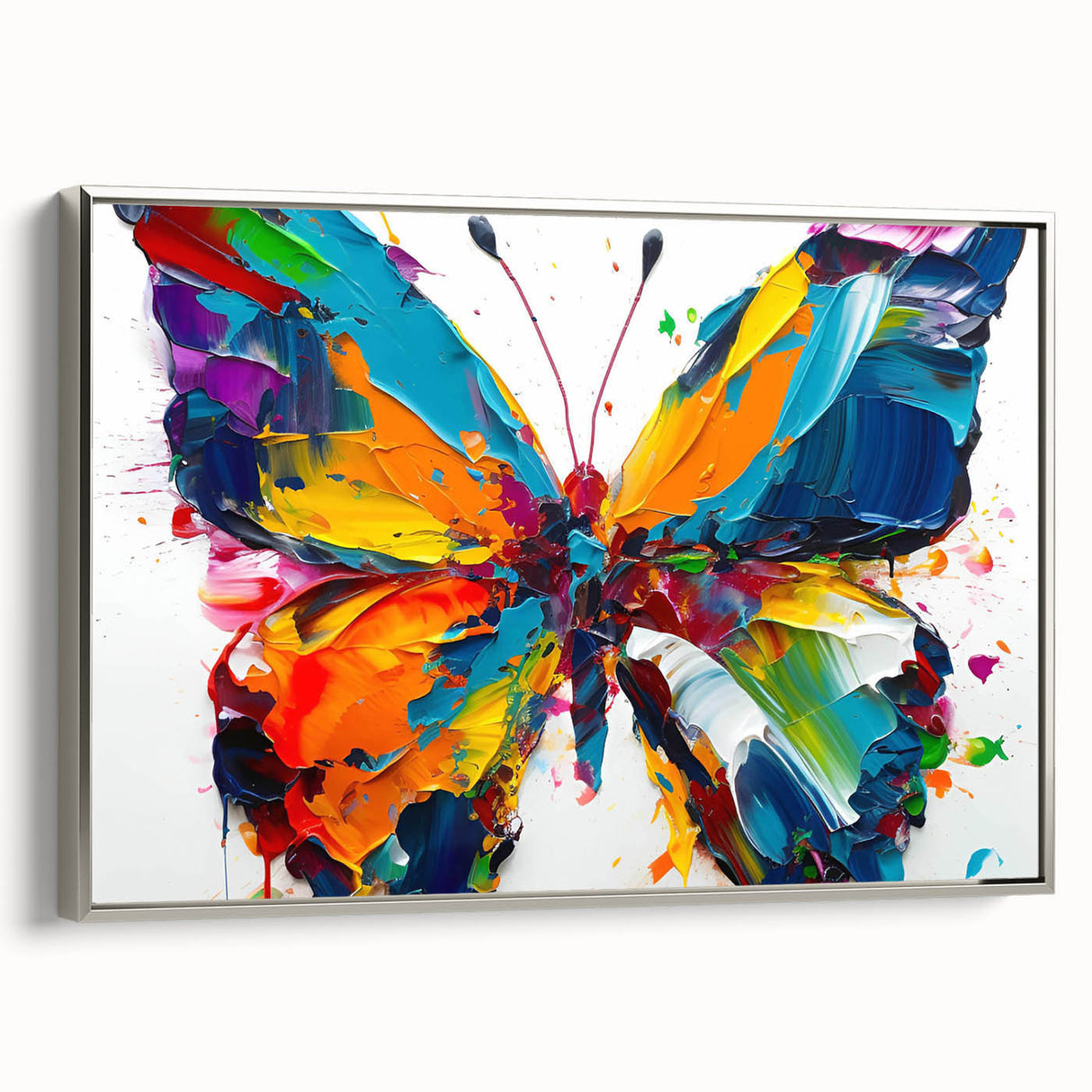 Framed wall art collection showcasing a butterfly design with intricate details, set in a stylish silver frame, perfect for enhancing modern decor.