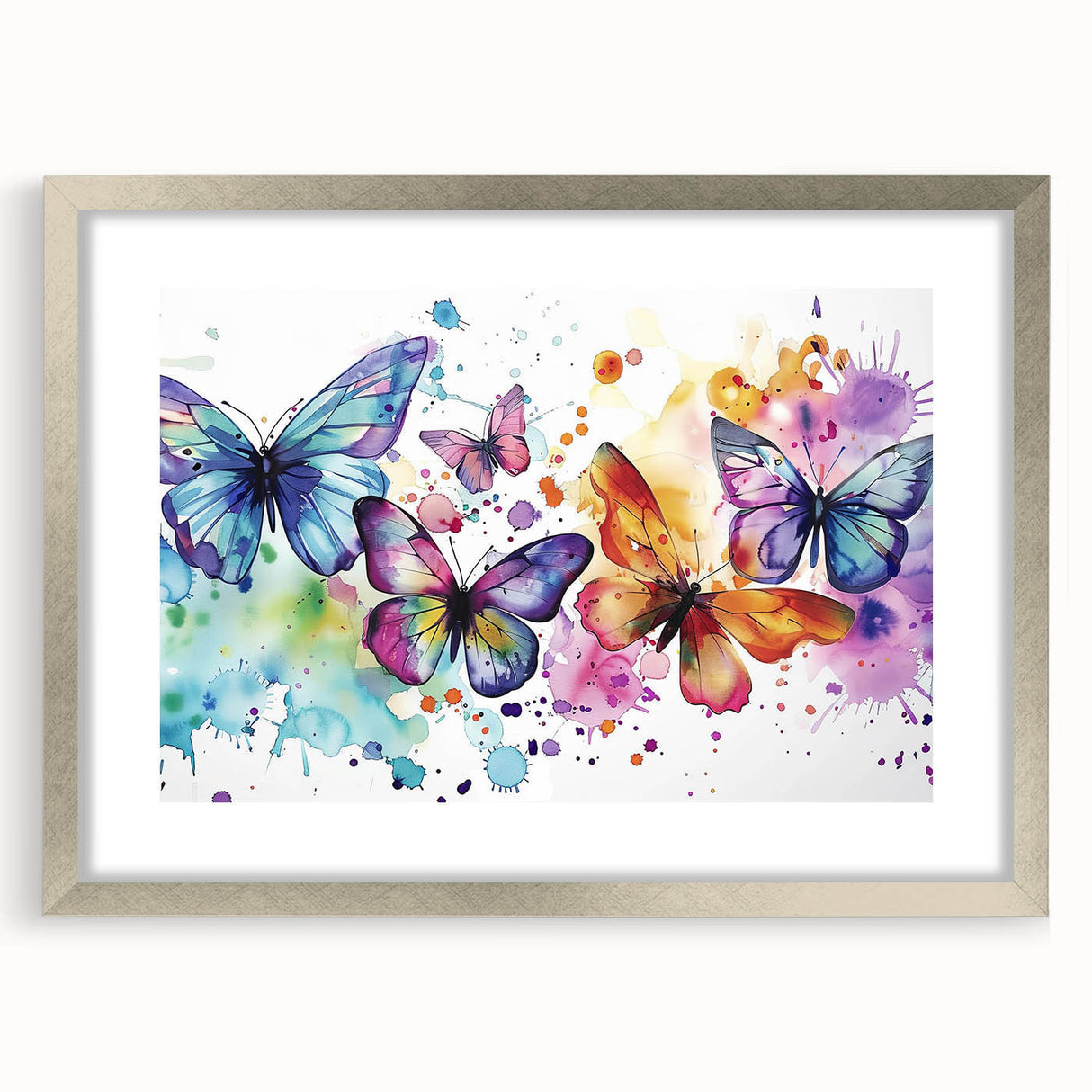 Framed wall art featuring a vibrant insect and arachnid butterfly design, with a silver mat and frame, ideal for modern home decor and nature enthusiasts.