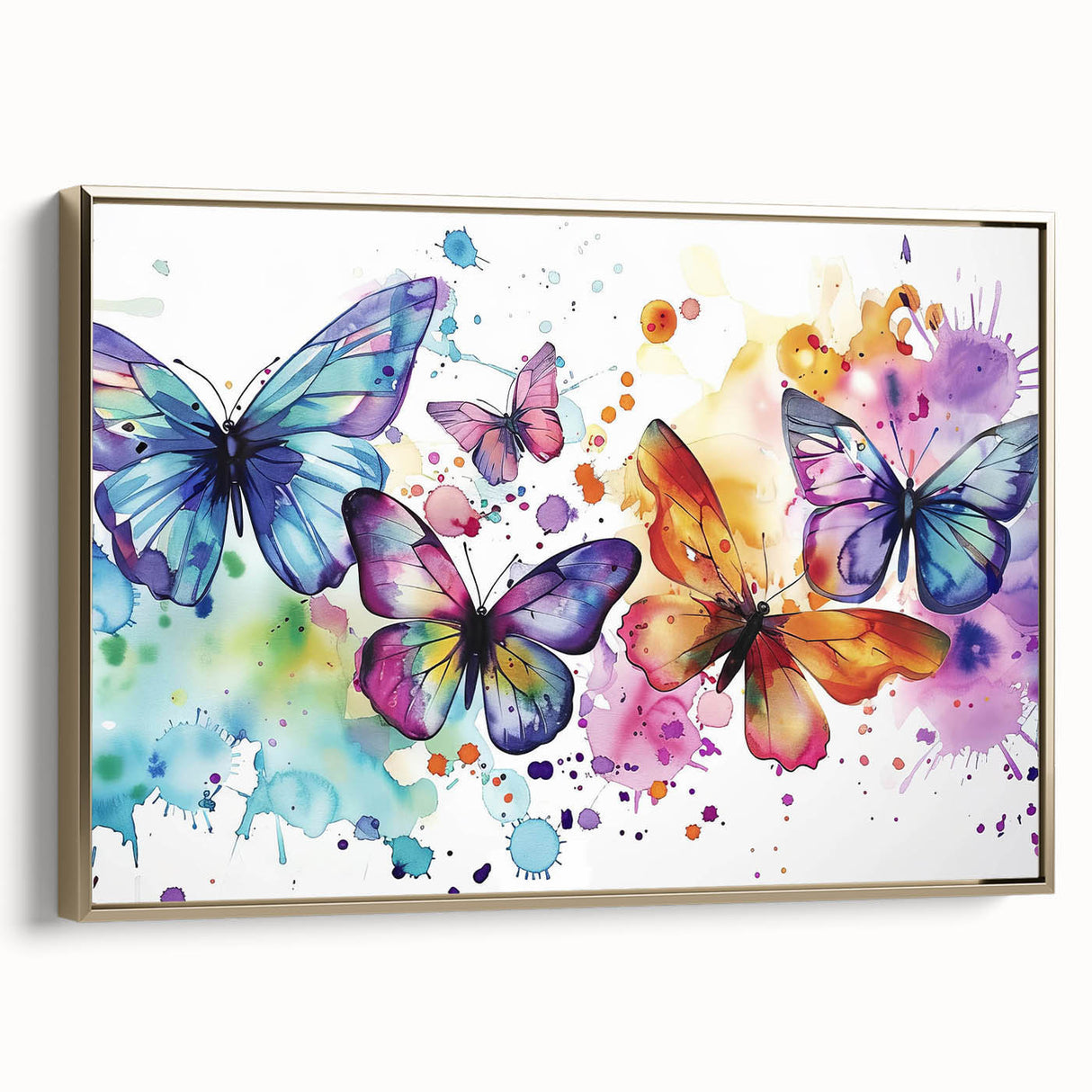 Framed canvas wall art showcasing a vibrant butterfly and arachnid design in gold tones, displayed at a side angle to highlight its intricate details and elegant frame.
