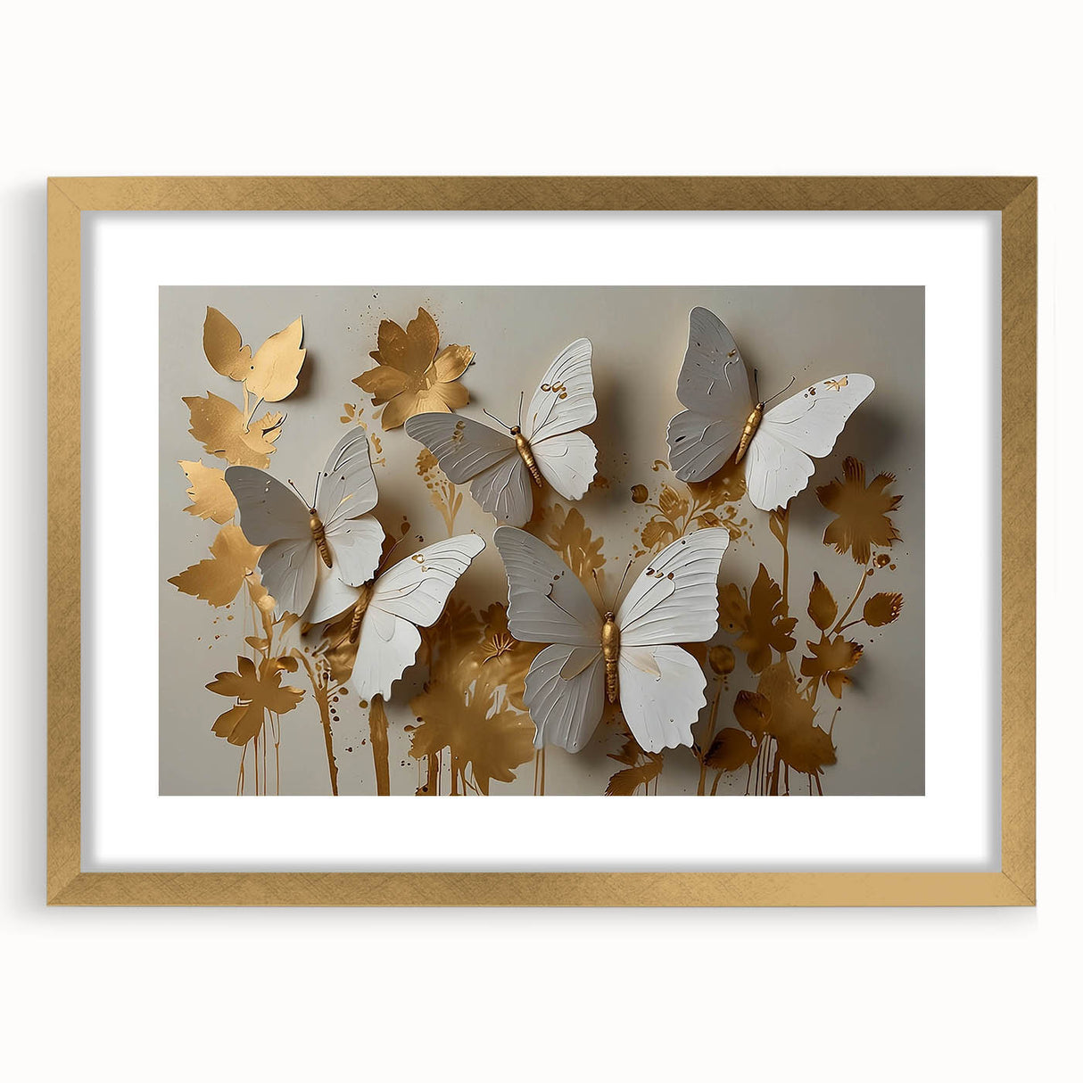 Elegant gold-framed wall art showcasing a butterfly and arachnid design, featuring intricate details and a mat finish, perfect for nature enthusiasts' decor.