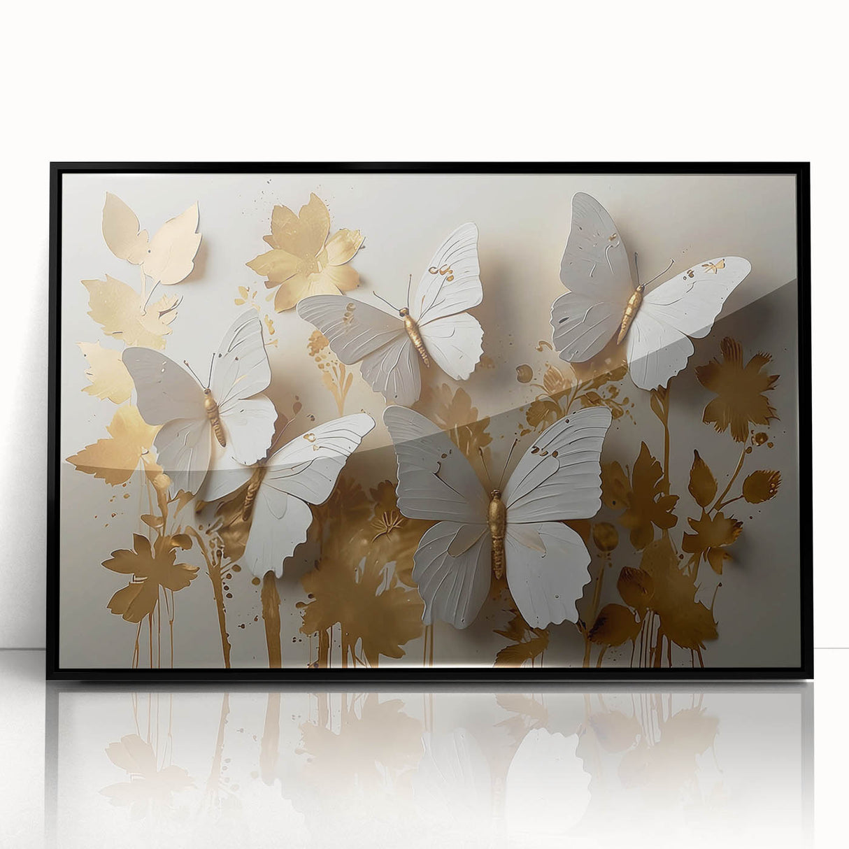 Framed wall art featuring an intricate butterfly design, showcasing vibrant colors against a sleek black background, perfect for adding elegance to any decor.