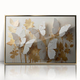 Framed wall art featuring a butterfly design in vibrant colors, set against a gold-accented background. Perfect for nature lovers and modern decor enthusiasts.