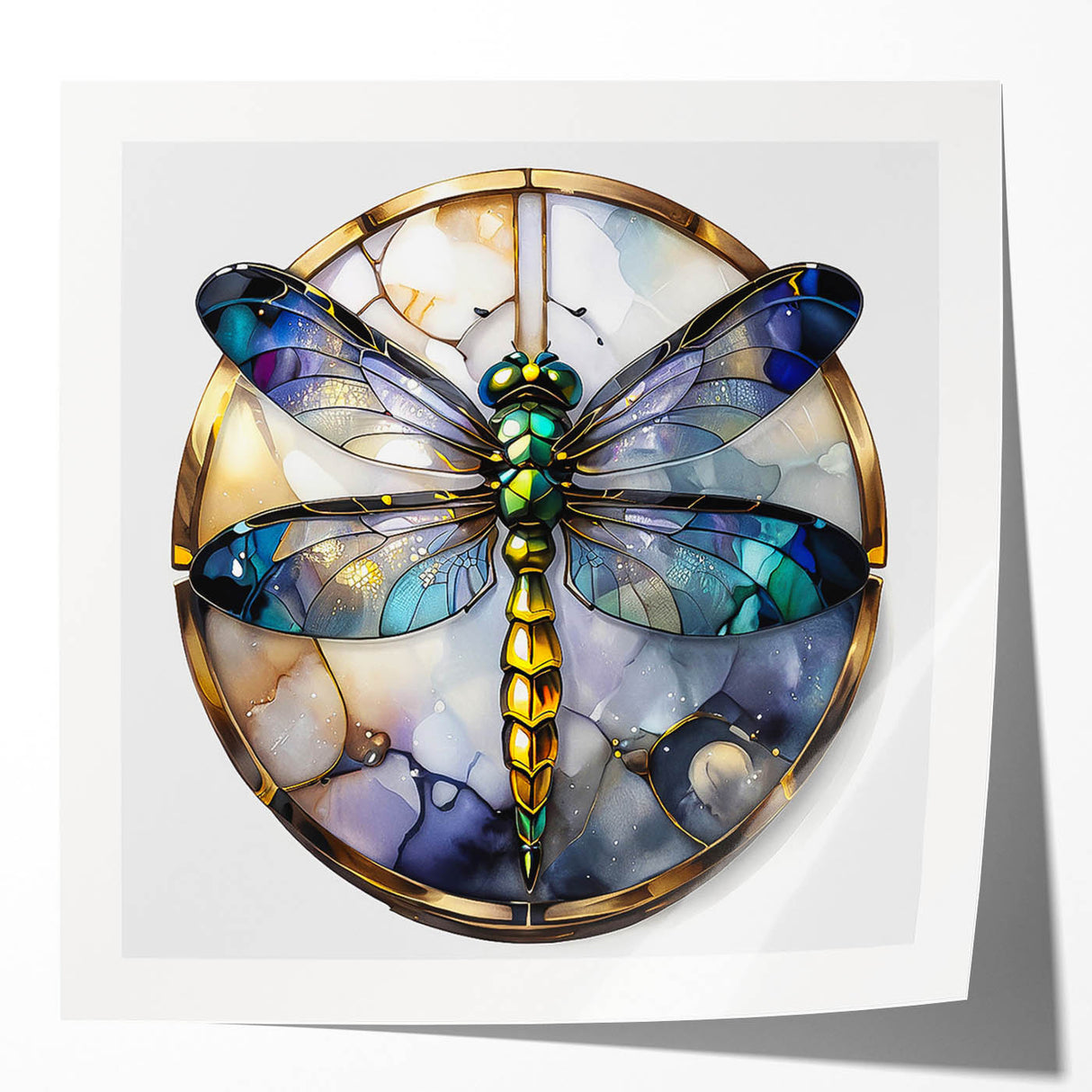 Vibrant dragonfly wall art design showcased in a glossy print, featuring intricate details and vivid colors, perfect for nature-themed decor. Ideal for adding a touch of elegance to any space.