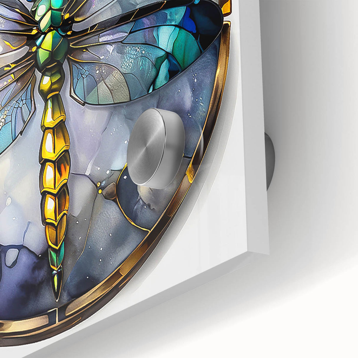 Close-up of a vibrant dragonfly design showcased on acrylic glass wall art, featuring intricate details and vivid colors, perfect for nature enthusiasts and modern decor.
