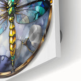 Close-up of a vibrant dragonfly design showcased on acrylic glass wall art, featuring intricate details and vivid colors, perfect for nature enthusiasts and modern decor.